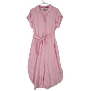 Tommy Bahama Pink 100% Linen Button Front Belted Midi Shirt Dress Womens Small